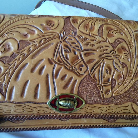 Vintage Handmade Leather Crossbody Bag Print Horse - Picture 8 of 14